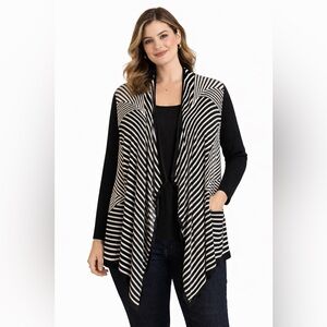 Avenue Black & White Striped Open Front Waterfall Cardigan – Plus Size 18/20